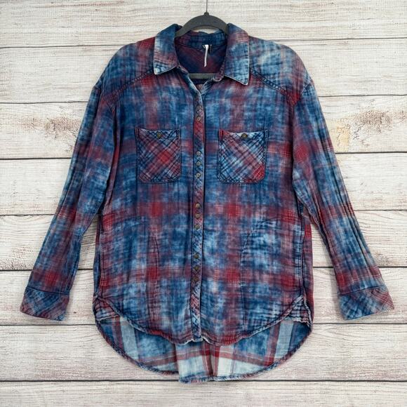 Free People Dip Dye Tunic Shacket Shirt Womens Small Blue Red Purple Button Down - Picture 1 of 13